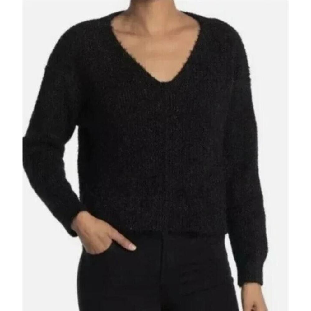 Abound Women's V-Neck Center Seam Fuzzy Knit Sweater in Black Shimmer Small $49‎